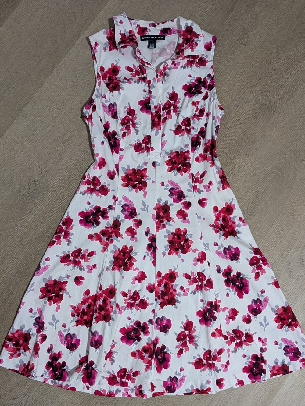 American Living Sleeveless A-Line White and Pink & Red Floral Print Midi Dress